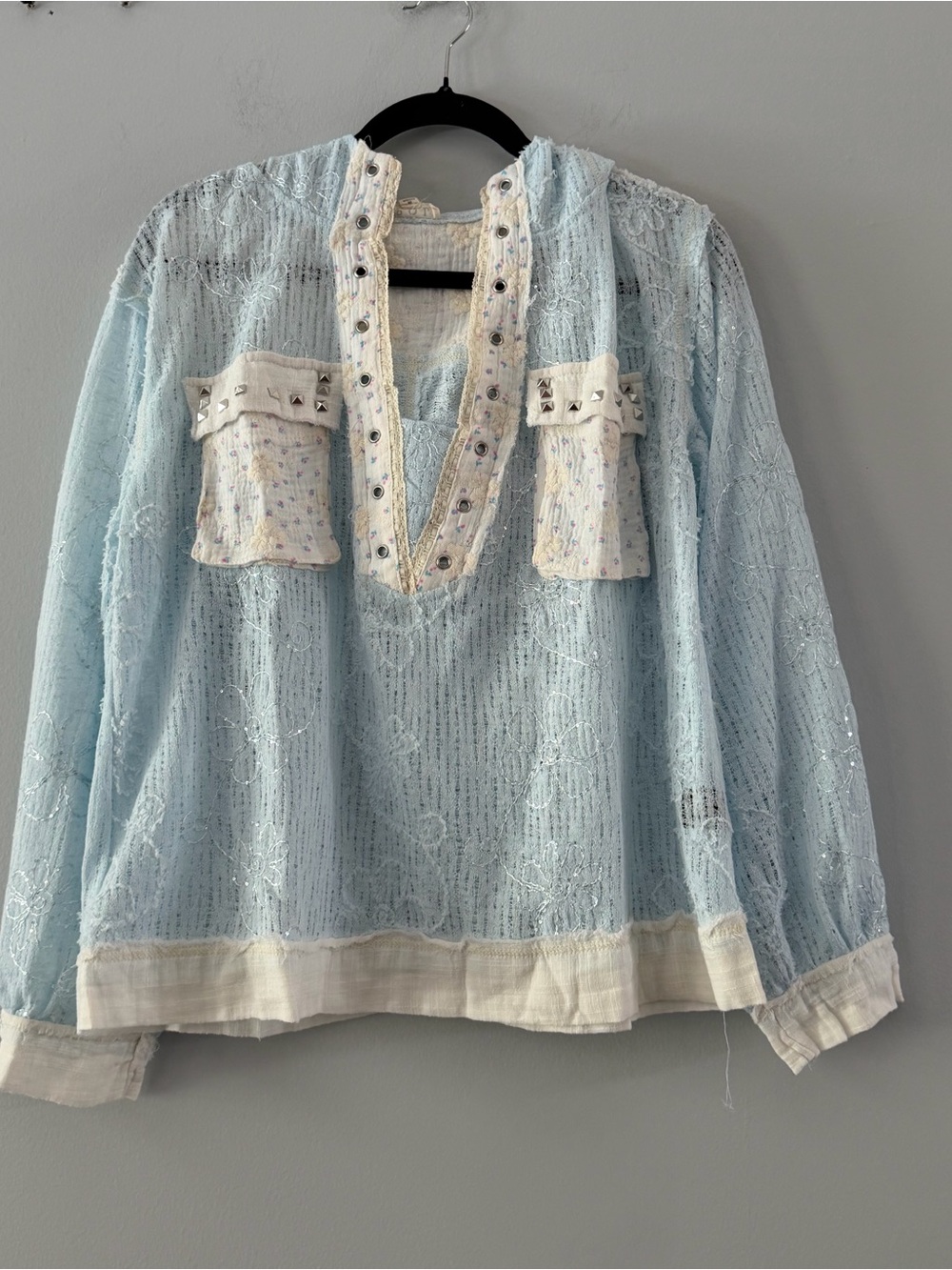 POL Light Blue Beaded Hoodie Peasant Top with Contrast Trim